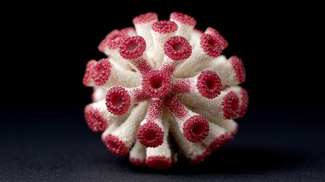 Close up of a white stony coral with pink polyps and a dark background