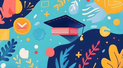 Colorful abstract design featuring a graduation cap and book.