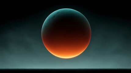 Obraz premium A glowing sphere with textured surface lit by warm orange light against a dark misty background