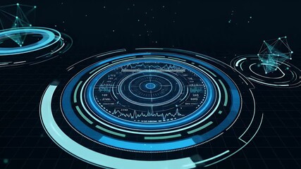 Futuristic circular HUD interface with glowing neon data analytics and rotating sci-fi elements on a digital grid. - Powered by Adobe