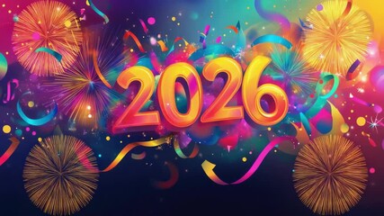 Vibrant 2026 celebration with colorful fireworks and confetti abstract background. Happy New Year 2026 - Powered by Adobe
