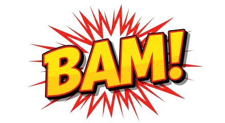The word 'BAM!' in a comic book pop art style, an explosive cartoon exclamation for a sound effect, isolated on a white background.
