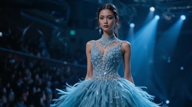 Elegant model showcasing a stunning couture gown at a high profile fashion runway show