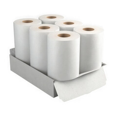 Fototapeta premium Six white paper towel rolls packaged in a cardboard tray isolated on transparent background
