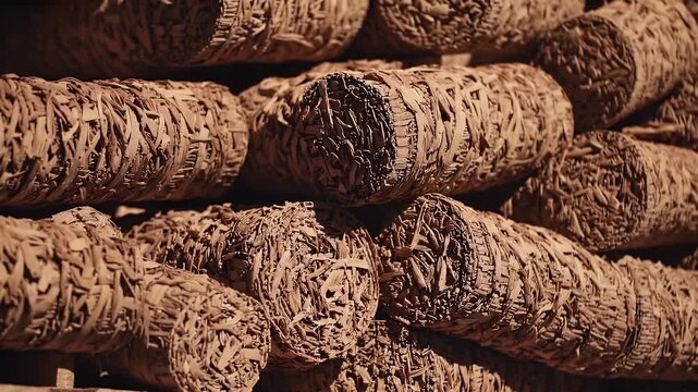 In this high resolution 4K macro view rows of wooden pallets are tightly packed with eco friendly biomass briquettes crafted from agricultural byproducts as a cleaner renewable alternative to