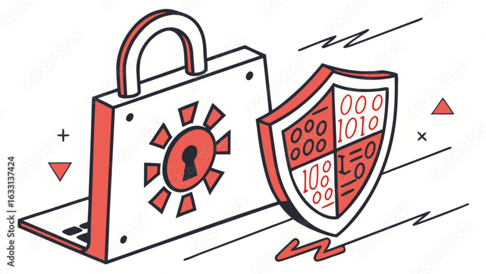 Poster cybersecurity protection shield and padlock on laptop for data privacy and network security system