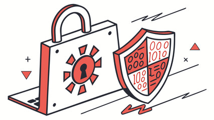 Cybersecurity protection shield and padlock on laptop for data privacy and network security system