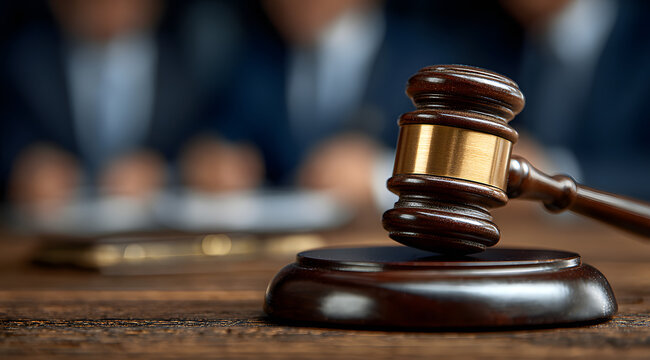 Judicial decision making: gavel focus with lawyers discussing in background