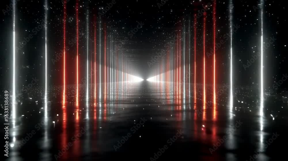 Poster reflective dark corridor with parallel red and white light lines receding into a bright vanishing po
