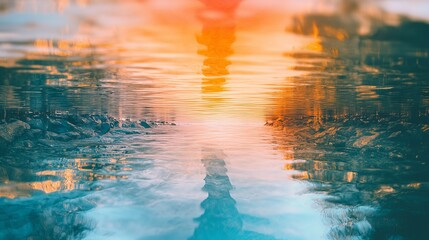 Water reflecting a vibrant sunset, double image