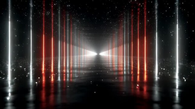 reflective dark corridor with parallel red and white light lines receding into a bright vanishing point futuristic abstract scene