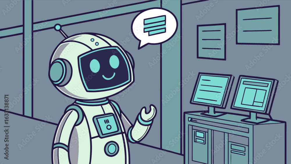 Poster cartoon robot assistant in office automation concept for ai and machine learning applications design