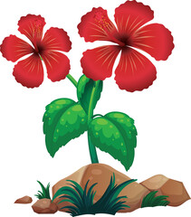 vector illustration of red flower plant near the rocks
