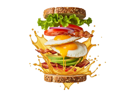 Delicious breakfast sandwich with fried egg and bacon isolated on transparent background