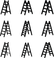Nine Isometric Ladder Icons Black and White tool equipment