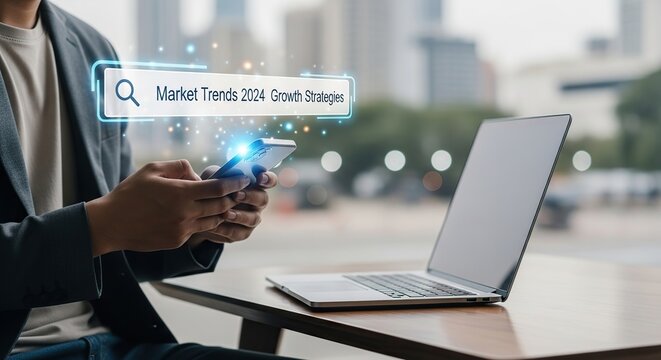 Man using smartphone with search bar overlay and laptop in cafe