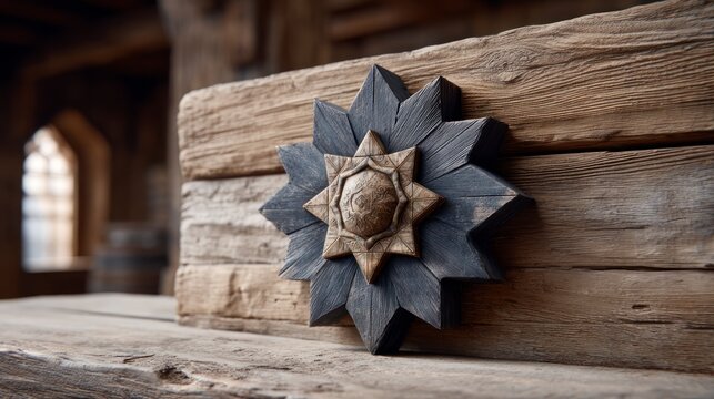 Ornate wooden star emblem mounted on weathered wooden planks with a blurred architectural background