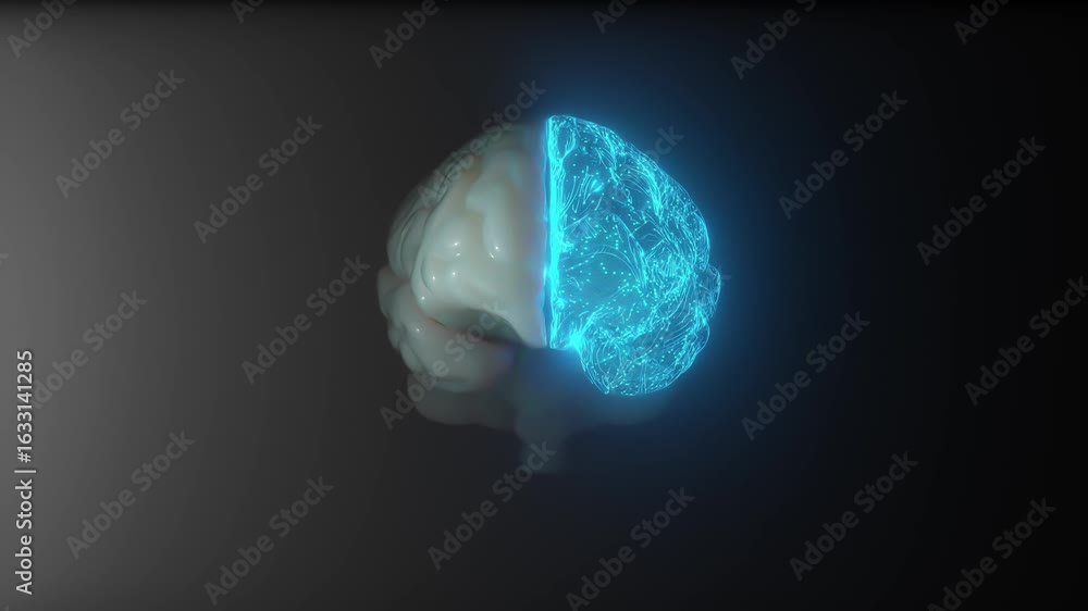 Poster brain simulation. left brain blue neuron connections is active. futuristic medical technology concep