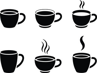 Obraz premium Six Black Silhouette Coffee Cups With Steam Icons drink