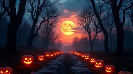 Eerie halloween night with illuminated pumpkins and moon