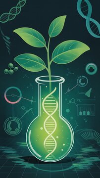 Biotechnology plant growth in laboratory flask with dna helix
