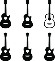 Naklejka premium Six Black Silhouettes of Guitars on White Background musical instrument music