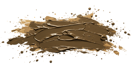 Abstract brown paint stroke with splatters on black background cosmetic foundation swatch wet mud texture isolated