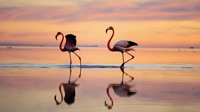 Romantic wildlife scene, Flamingo love dance at sunset, reflections in the water, soft pink and orange hues, gentle ripples, graceful movements
