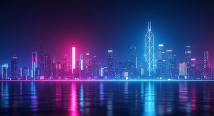 Obraz premium Illuminated city skyline at night, reflecting in calm water, with vibrant neon lights.