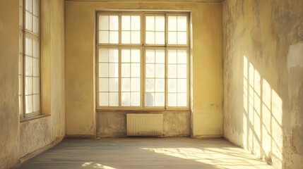 Interior of an empty room with large windows casting shadows on the walls and floor creating a bright space