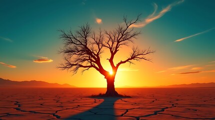 Silhouette of a tree in a dry desert during a vibrant sunset