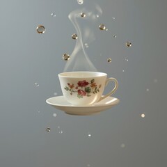 Floral Tea Cup with Hot Steam and Porcelain Dish in Vintage Style: Elegant Beverage Photography and Home Decor in a Cozy Atmosphere