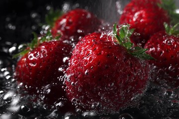 Fresh strawberries in water with bubbles