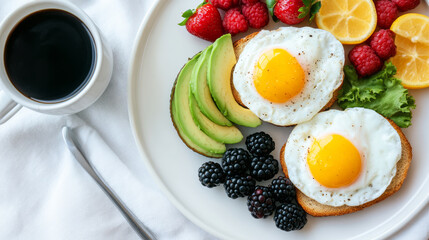 Healthy Breakfast Plate with Fried Eggs, Avocado, Berries, and Coffee on a White Table