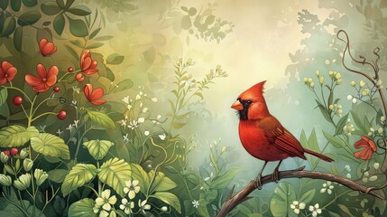 A vibrant cardinal perched on a branch amidst lush foliage and delicate flowers in a serene setting
