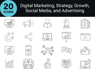 Marketing Strategy Icons. Digital Marketing Line Icons. Including marketing strategy, growth charts, 
social media, advertising. Line Style, Editable Stroke