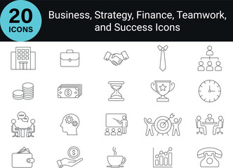 Business Line Icons. Simple Line Icons Representing Business Concepts. Including Finance, Teamwork, 
Strategy, and Success. Line Style, Editable Stroke