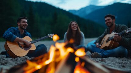 Friends Enjoying Bonfire and Music in Nature During Evening in Mountains