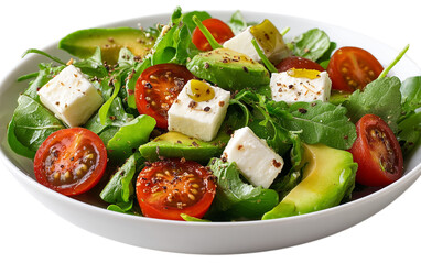 Green salad features tomato, avocado, and feta in bright light, perfect for healthy food branding and menus.
