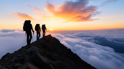 Adventurous hikers conquering a mountain peak at sunrise above the clouds