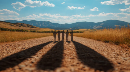 Five Silhouettes Walking on a Dusty Path in a Scenic Mountain Landscape