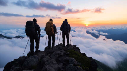Adventurous Hikers Standing on Mountain Peak Overlooking Sunset Above a Sea of Clouds