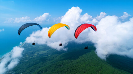 Colorful Paragliders Flying Above Lush Green Mountain Landscape and Blue Ocean Under Cloudy Sky