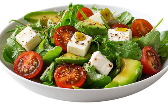 Green salad features tomato, avocado, and feta in bright light, perfect for healthy food branding and menus. - Powered by Adobe
