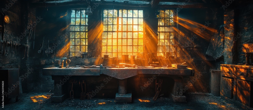 Poster sunbeams illuminate an old, rustic workshop with tools and workbench.