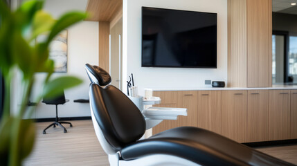 Modern Dental Office Interior with Comfortable Chair and Television Displaying a Pleasant Environment