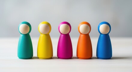 Five colorful wooden peg dolls isolated on white background