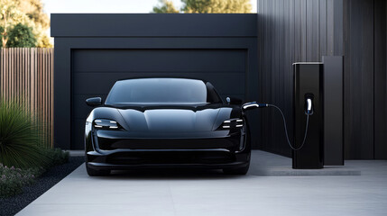 Black Electric Car Charging at Home Station in Modern Residential Setting