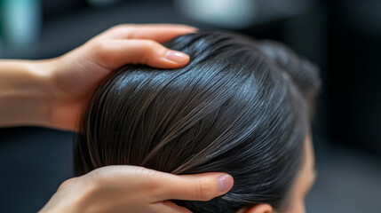 Close-Up of Hands Massaging Smooth Hair in a Modern Salon Setting with Blurred Background