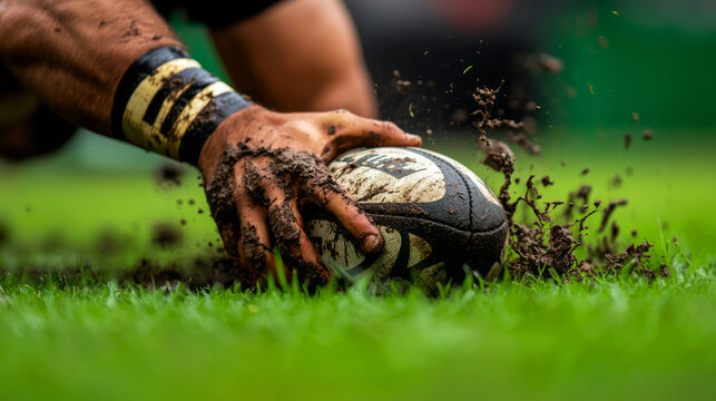 Close-Up of Rugby Player's Hand Grasping Muddy Ball on Grass During Intense Game Action - Powered by Adobe